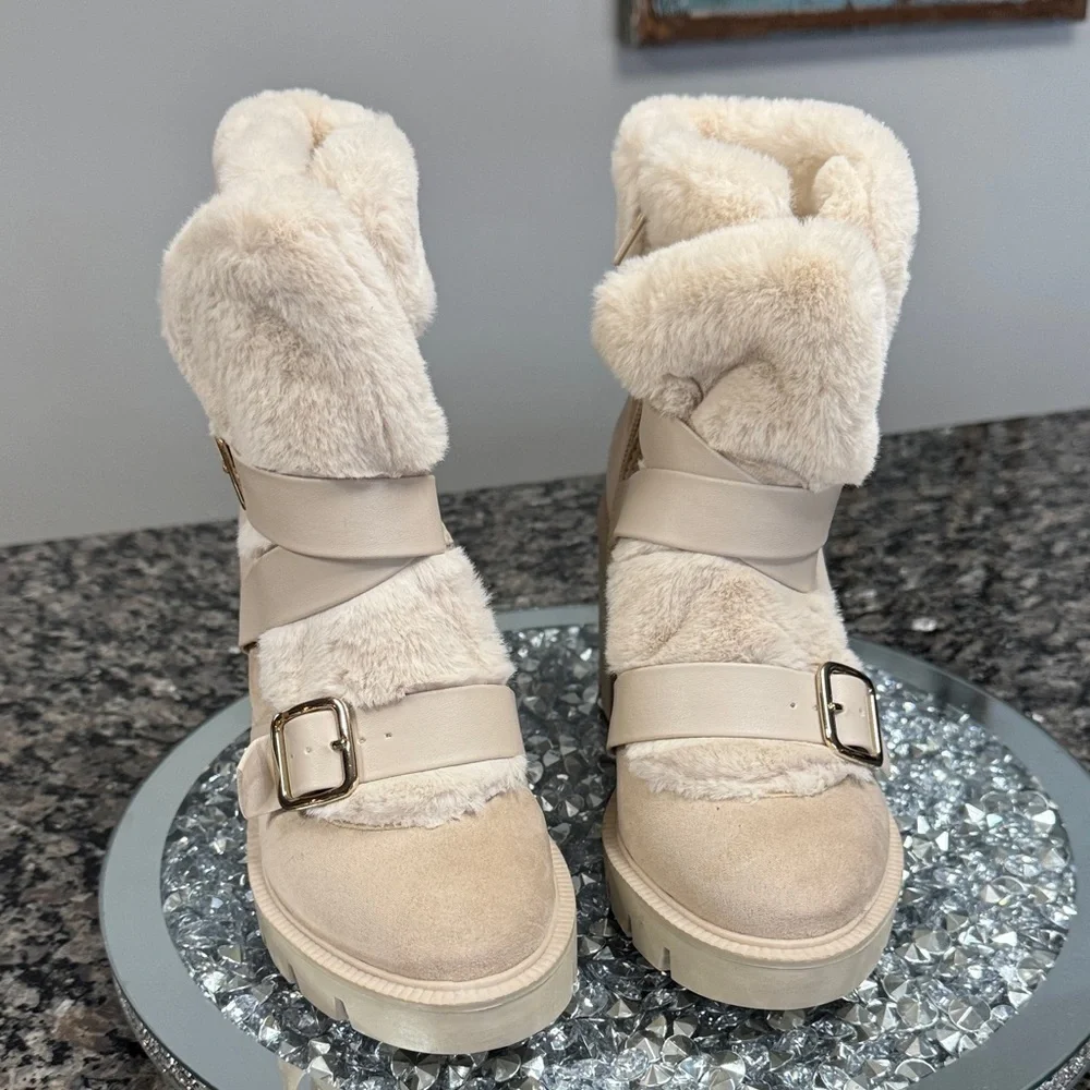 INC International Concepts Cream Faux Fur Lug Heel Winter Boots